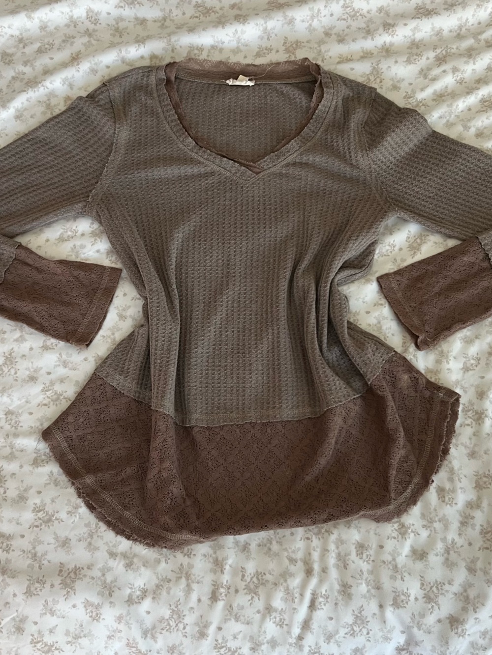 Layered Knit Long Sleeve Top with Lace Hem in Taupe